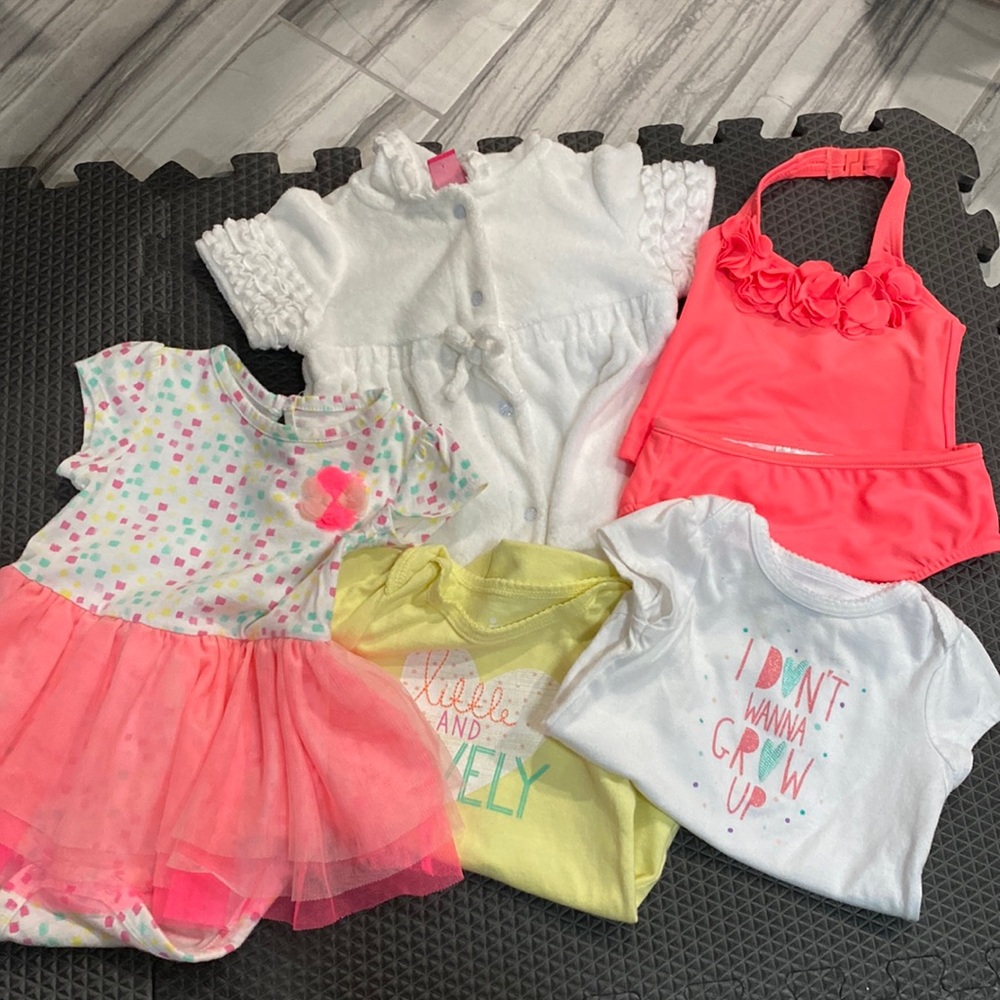 6-9 month Bundle: swimsuit, towel dress, onesie and onesie dress